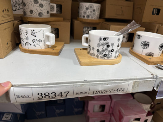 CFlower Floral Art Coffee Cup Set with Wooden Saucer & Spoon 350ml - Model 38347