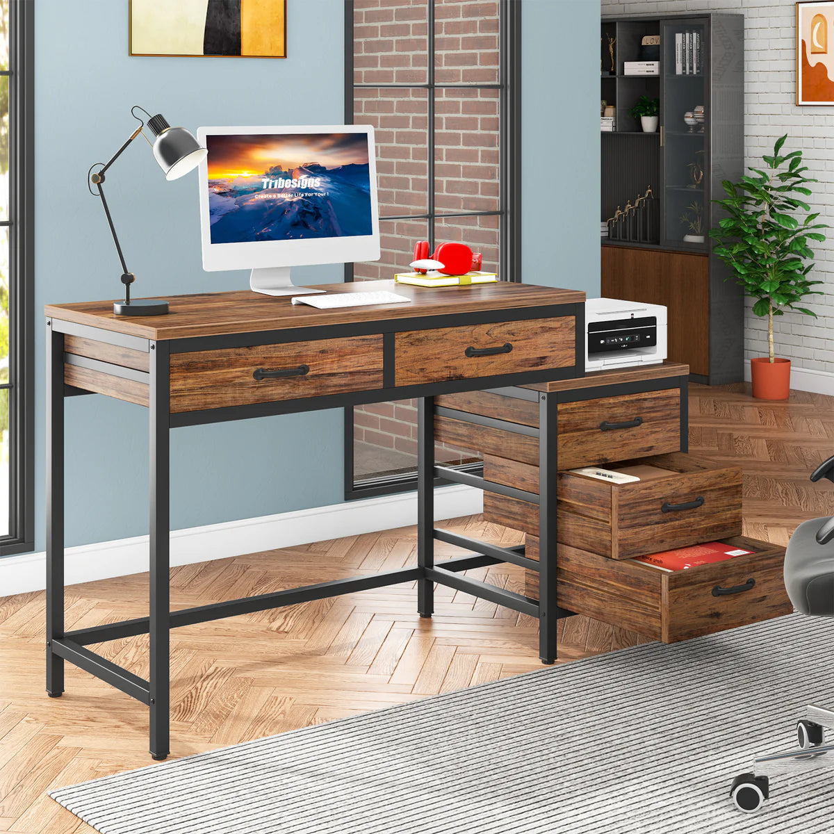 5-Drawer Computer Desk with Reversible Cabinet – Modern Home Office Writing Table
