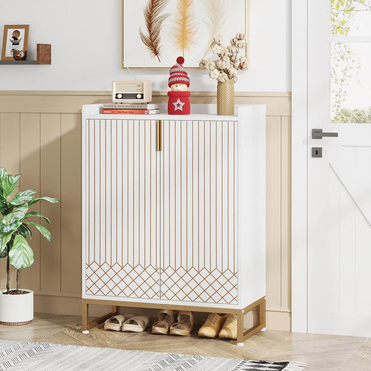 Modern 5-Tier Shoe Cabinet White with Gold Accents