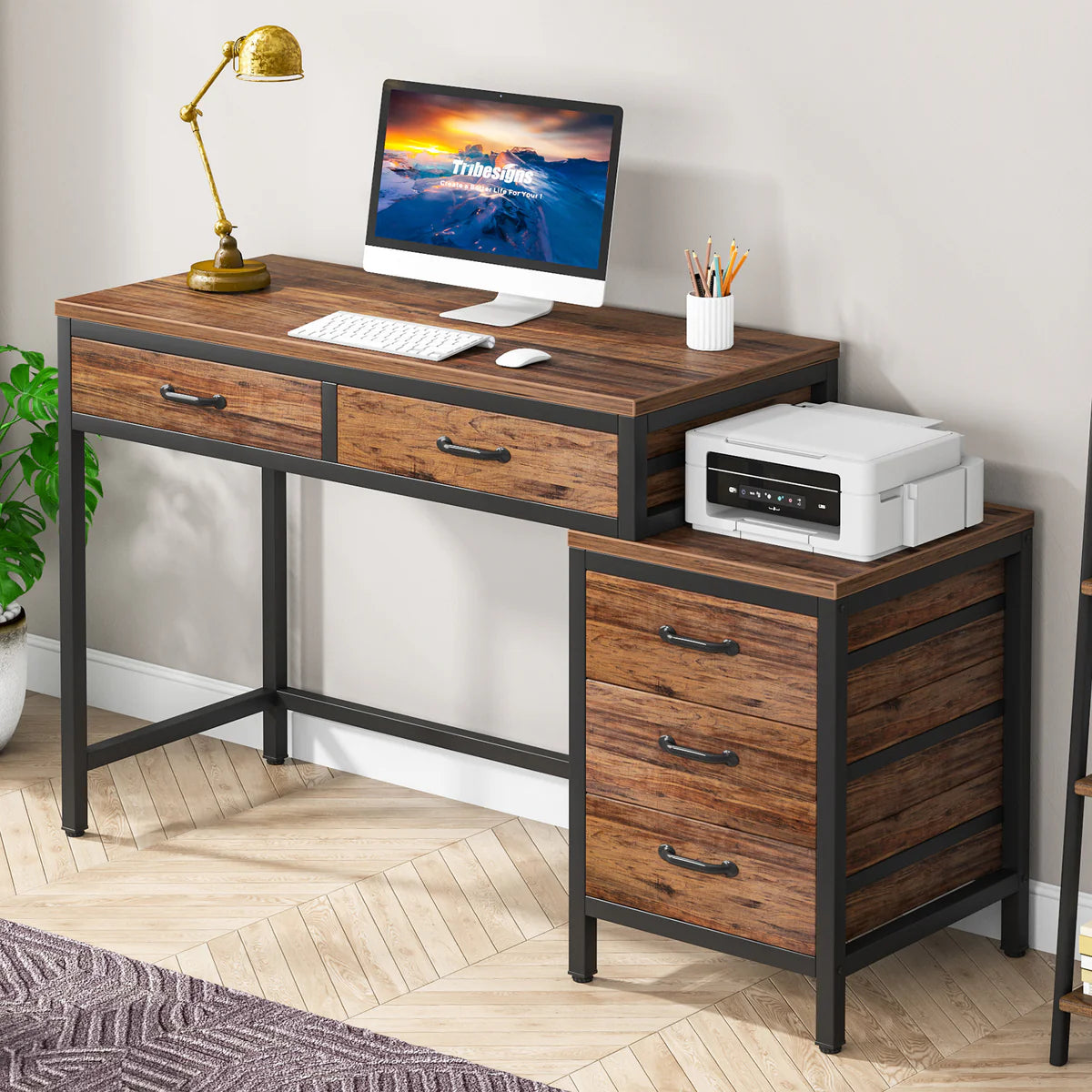5-Drawer Computer Desk with Reversible Cabinet – Modern Home Office Writing Table