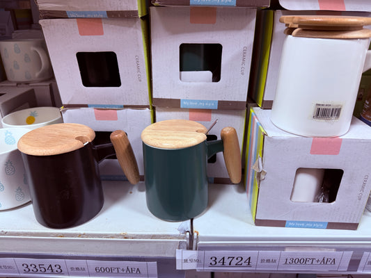 CERAMIC CUP Ceramic Mug with Wooden Lid and Spoon 350ml - Model 33543