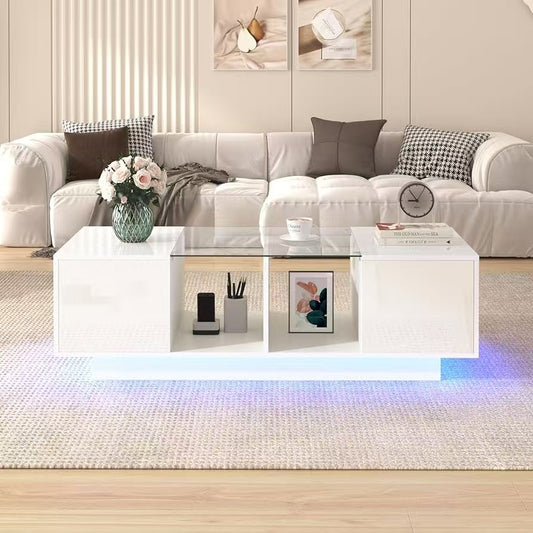 Modern High Gloss White Coffee Table with LED Lights 120cm
